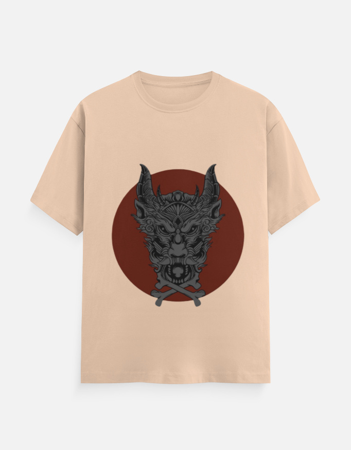 Horned Beast Demon Graphic T-Shirt – Peach Unisex Cotton Crew Neck Tee