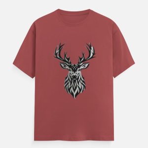 Tribal Stag Deer Graphic T-Shirt – Coral / Rust Red Unisex Cotton Crew Neck Tee
