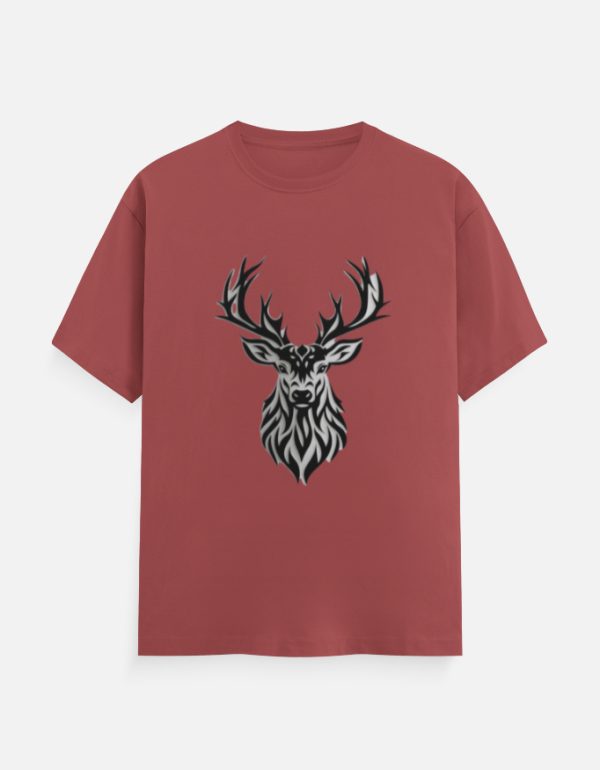 Tribal Stag Deer Graphic T-Shirt – Coral / Rust Red Unisex Cotton Crew Neck Tee