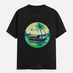 Kerala Backwaters Graphic T-Shirt – Houseboat & Palm Trees Print Cotton Tee