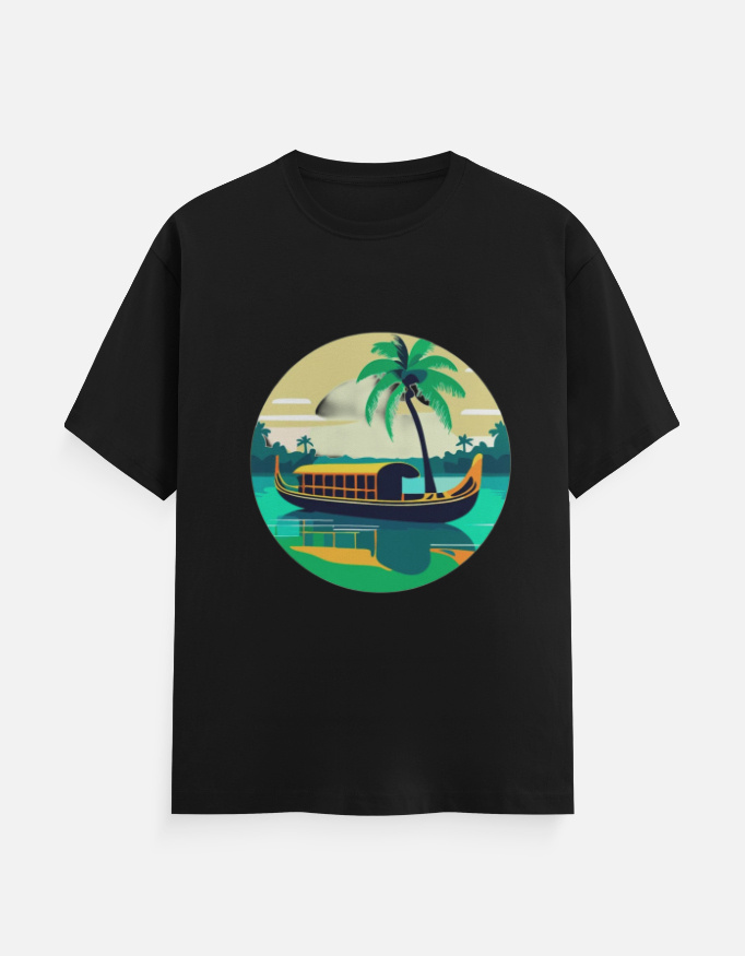Kerala Backwaters Graphic T-Shirt – Houseboat & Palm Trees Print Cotton Tee