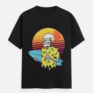 Surfing Skeleton Graphic T-Shirt – Retro Sunset & Beach Surfboard Cotton Tee