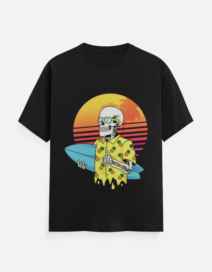 Surfing Skeleton Graphic T-Shirt – Retro Sunset & Beach Surfboard Cotton Tee