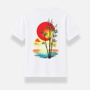 Red Sun & Bamboo Sunset Graphic Oversized T-Shirt