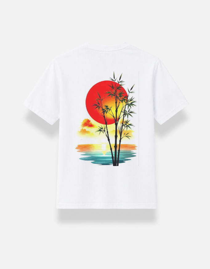 Red Sun & Bamboo Sunset Graphic Oversized T-Shirt